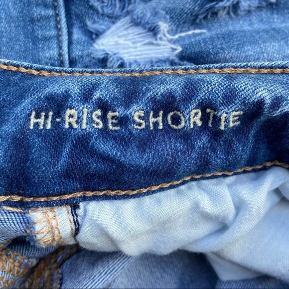 American Eagle Hi-Rise Shortie Distressed Stretch Blue Jean Shorts Size 0 - Picture 3 of 5